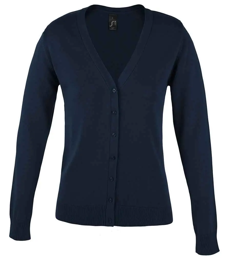 SOL'S Ladies Golden Cotton Acrylic V Neck Cardigan 90012 NAVY FRONT.webp