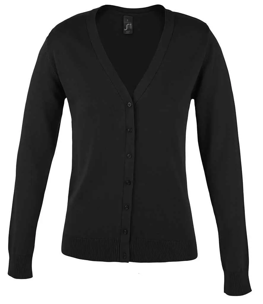SOL'S Ladies Golden Cotton Acrylic V Neck Cardigan 90012 BLACK FRONT.webp